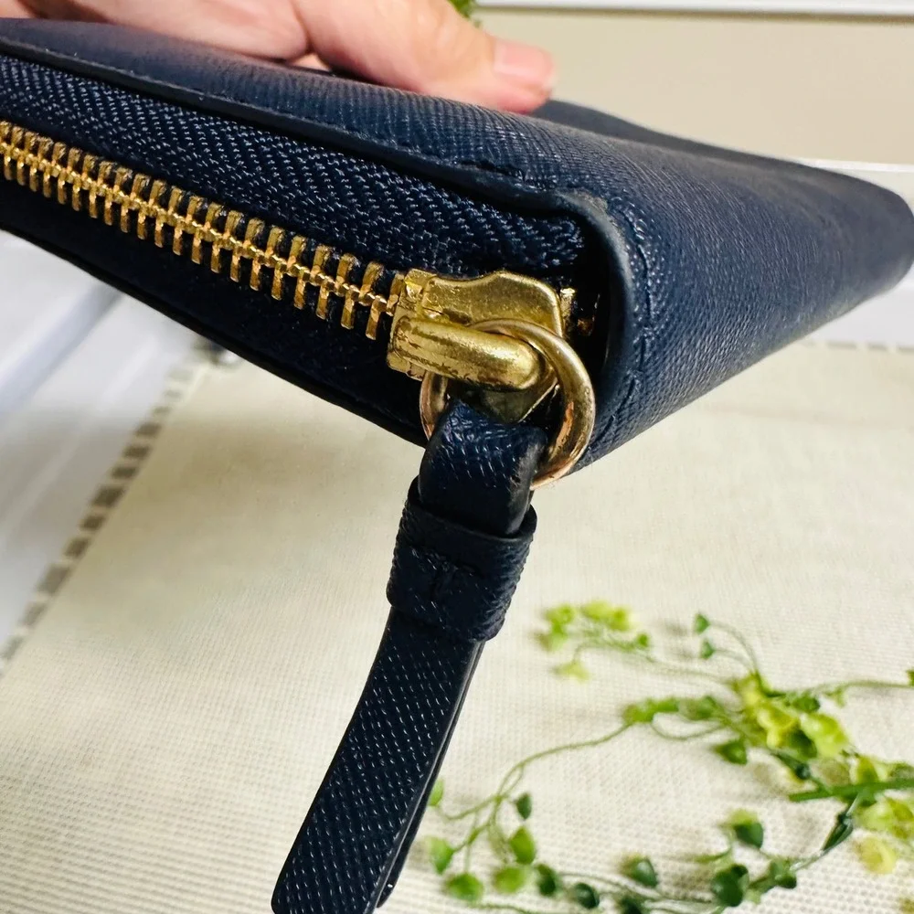 Tory Burch Robinson Saffiano Leather Zip Around Wallet in Blue Multipockets